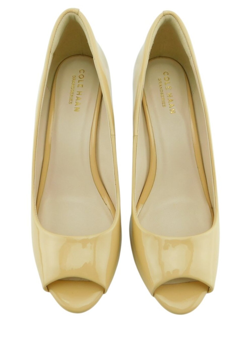New COLE HAAN Beige Nude Patent Leather Peep Toe Wedge Heel Pumps Shoes 7.5 - Picture 2 of 7